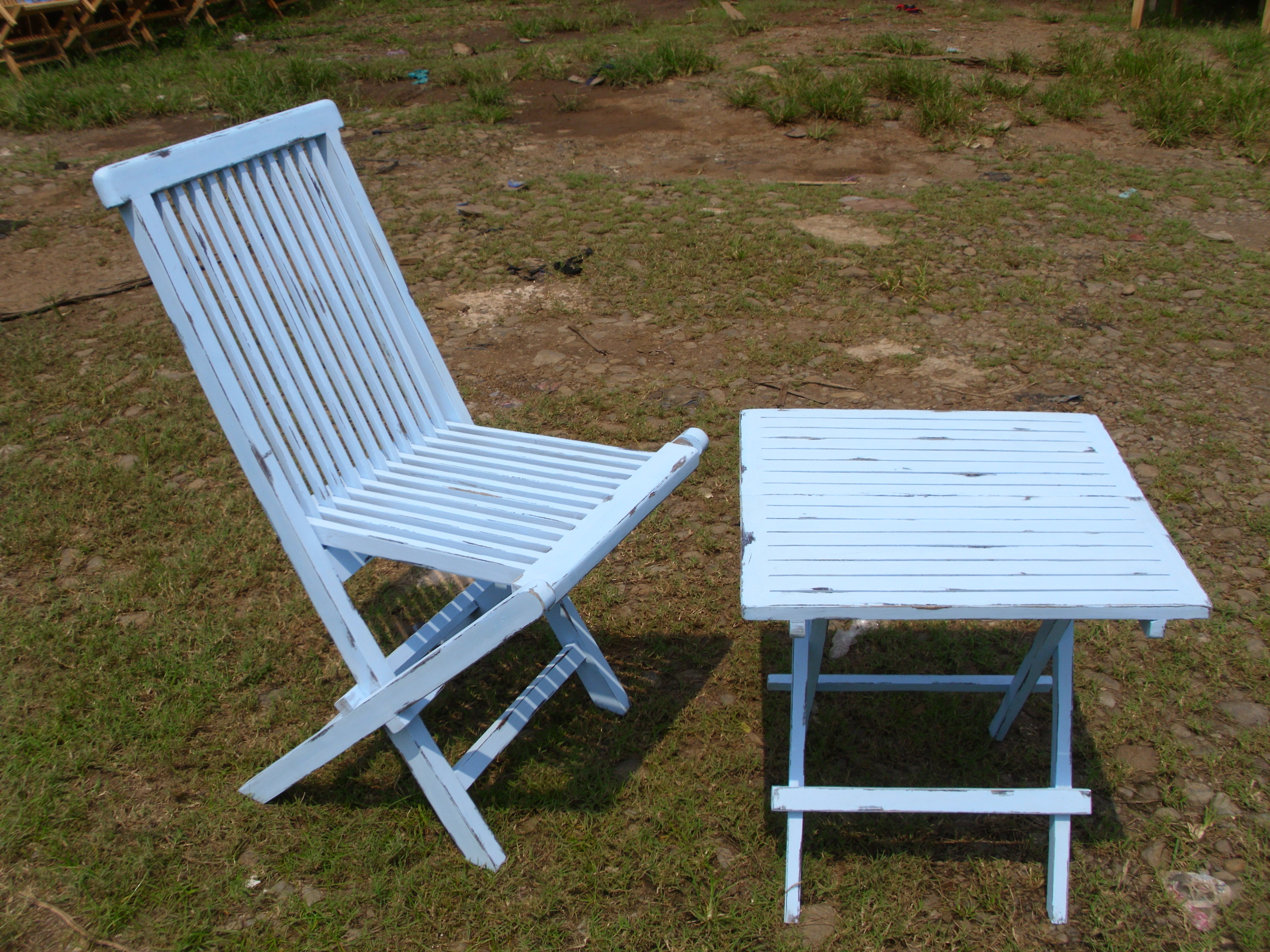 Teak Folding chair blue washed set